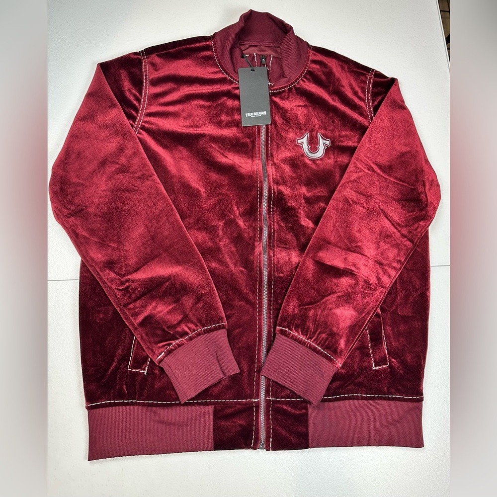 True Religion Jacket Mens XS Burgundy Velvet Big T Mock Zip Up Broadway Gunmetal